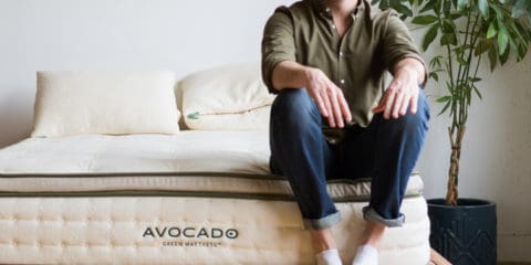 Man Sitting on Avocado Mattress